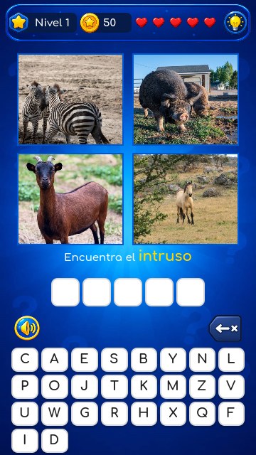 Pantalla del modo Encuentra el intruso, con cuatro fotos de animales